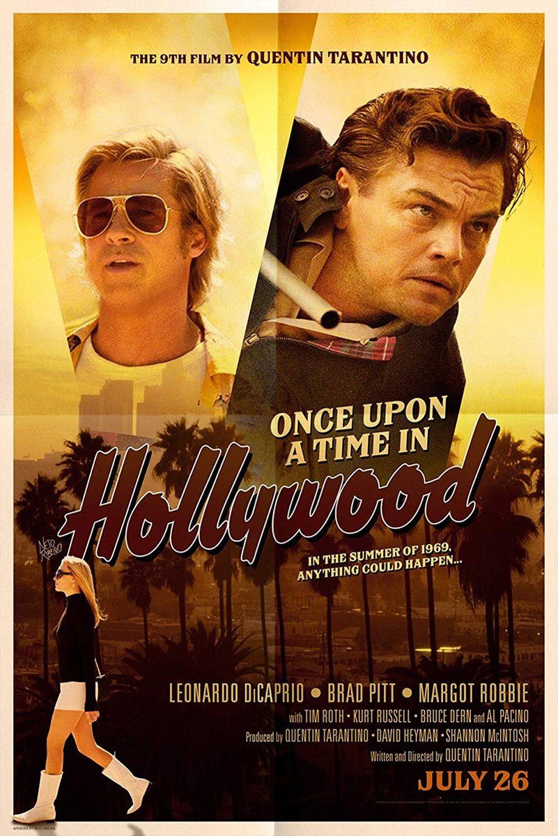 Once Upon a Time in Hollywood poster with two male portraits, a walking woman, palm trees, and golden Los Angeles skyline.