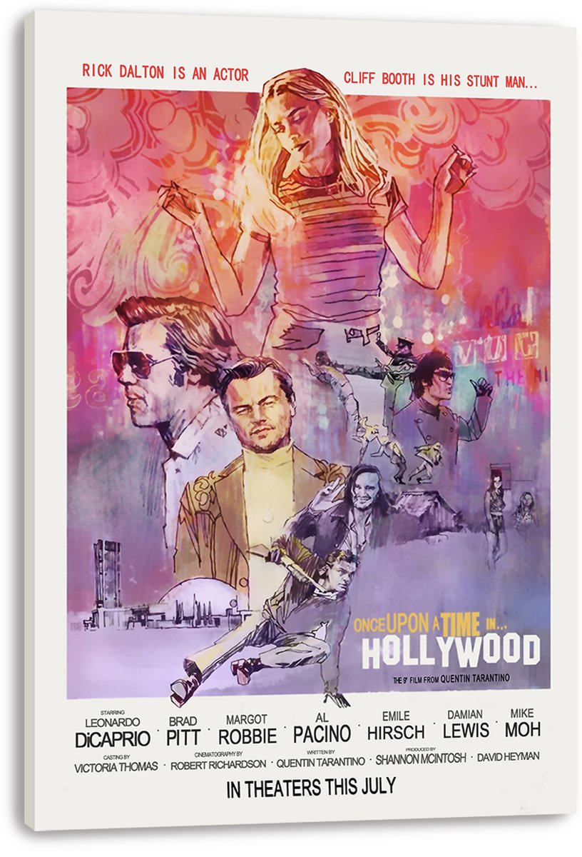 Once Upon a Time in Hollywood wall art print on stretched canvas, featuring a vivid pink, purple, and orange character collage.