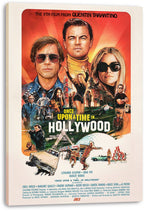 Once Upon a Time in Hollywood canvas wall art print featuring illustrated cast portraits, cars, and Hollywood scenes.