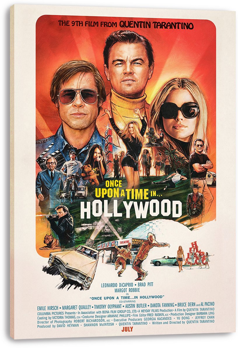 Once Upon a Time in Hollywood canvas wall art print featuring illustrated cast portraits, cars, and Hollywood scenes.