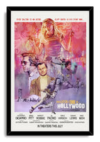 Once Upon a Time in Hollywood framed wall art print with a black border and colorful illustrated Hollywood character montage.