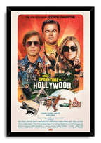 Once Upon a Time in Hollywood framed wall art print with cast portraits, action vignettes, cars, and bold title text.