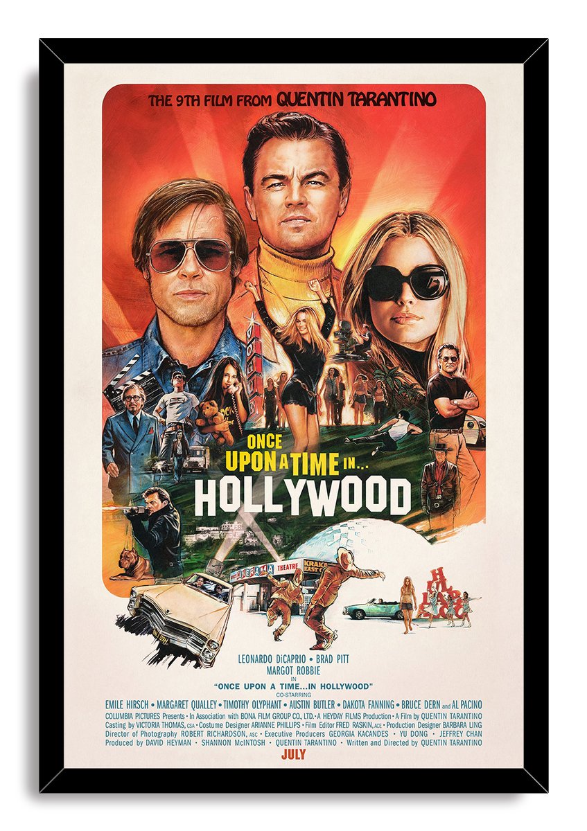 Once Upon a Time in Hollywood framed wall art print with cast portraits, action vignettes, cars, and bold title text.