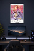 Once Upon a Time in Hollywood Movie Poster in a gaming desk setup above a monitor.