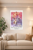 Once Upon a Time in Hollywood Movie Poster in a bright living room above a beige sofa.