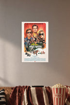 Once Upon a Time in Hollywood Movie Poster in a cozy movie room above a brown sofa with popcorn.