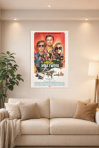 Once Upon a Time in Hollywood Movie Poster in a bright living room above a beige sofa.