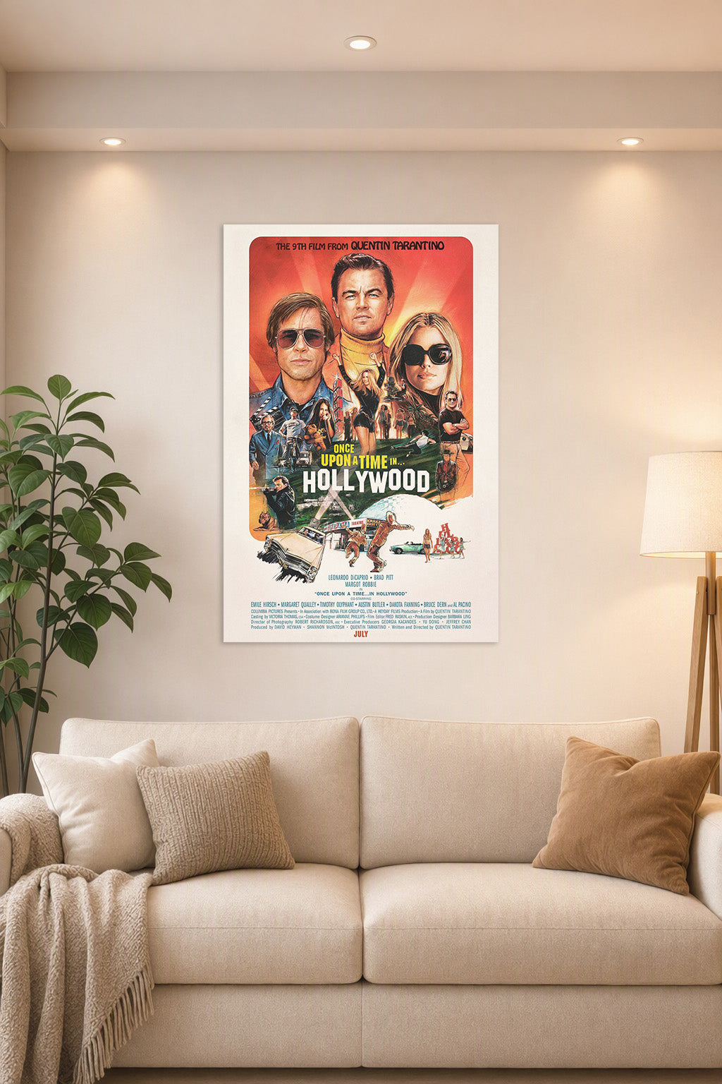 Once Upon a Time in Hollywood Movie Poster in a bright living room above a beige sofa.