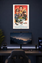 Once Upon a Time in Hollywood Movie Poster in a gaming desk setup above a monitor.