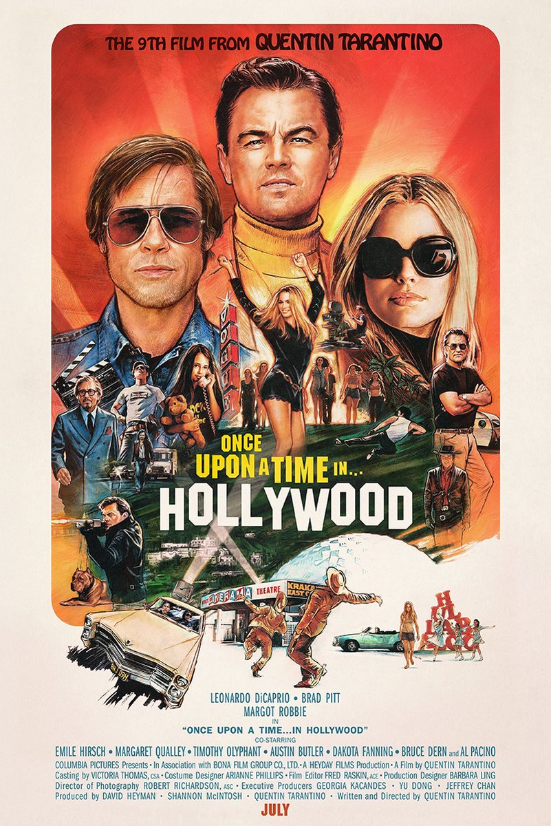 Once Upon a Time in Hollywood poster with illustrated portraits, vintage cars, stunt scenes, and orange-red sky.