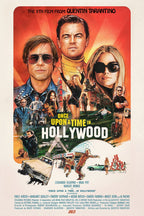 Once Upon a Time in Hollywood poster with illustrated portraits, vintage cars, stunt scenes, and orange-red sky.