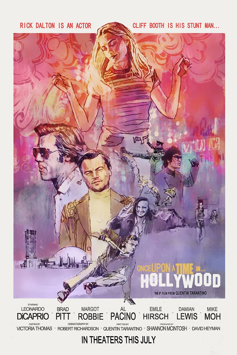 Once Upon a Time in Hollywood poster with a colorful illustrated collage of three stars, action scenes, and title text.