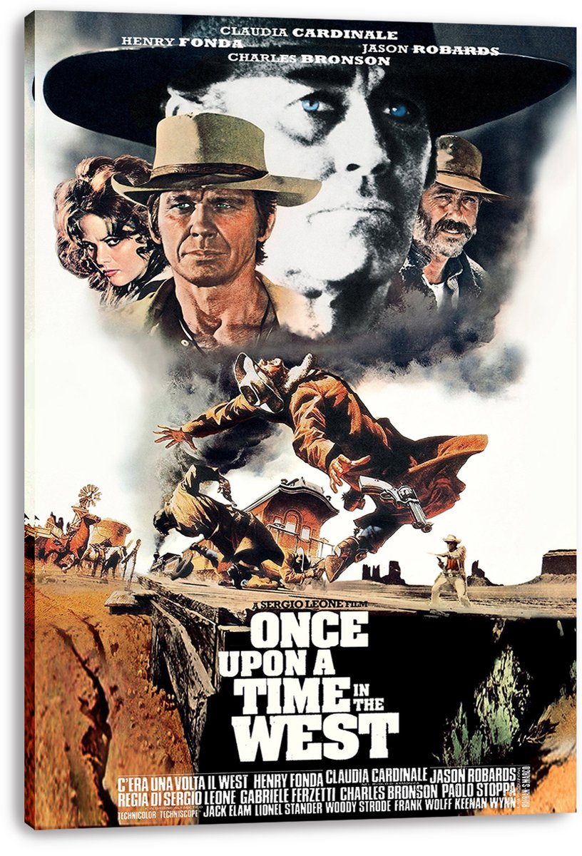 Once Upon a Time in the West canvas wall art print featuring cowboy faces, a train-side gunfight, and western desert tones.
