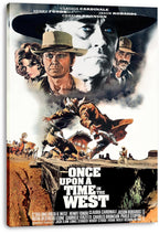 Once Upon a Time in the West canvas wall art print featuring cowboy faces, a train-side gunfight, and western desert tones.