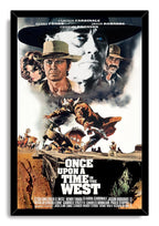 Once Upon a Time in the West framed wall art print with cowboy portraits, an airborne gunman, train action, and white title lettering.