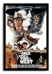 Once Upon a Time in the West framed wall art print with cowboy portraits, an airborne gunman, train action, and white title lettering.