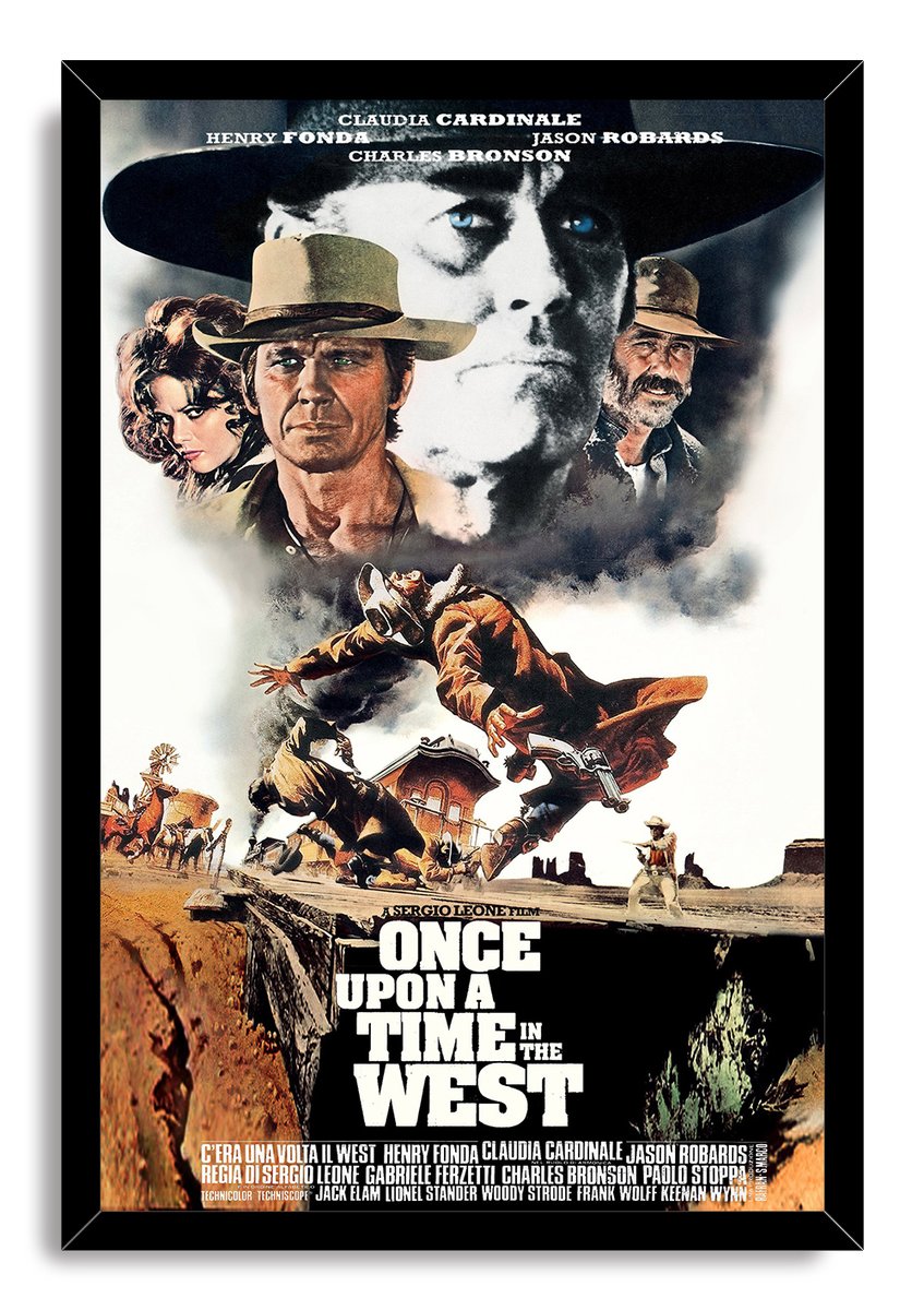 Once Upon a Time in the West framed wall art print with cowboy portraits, an airborne gunman, train action, and white title lettering.