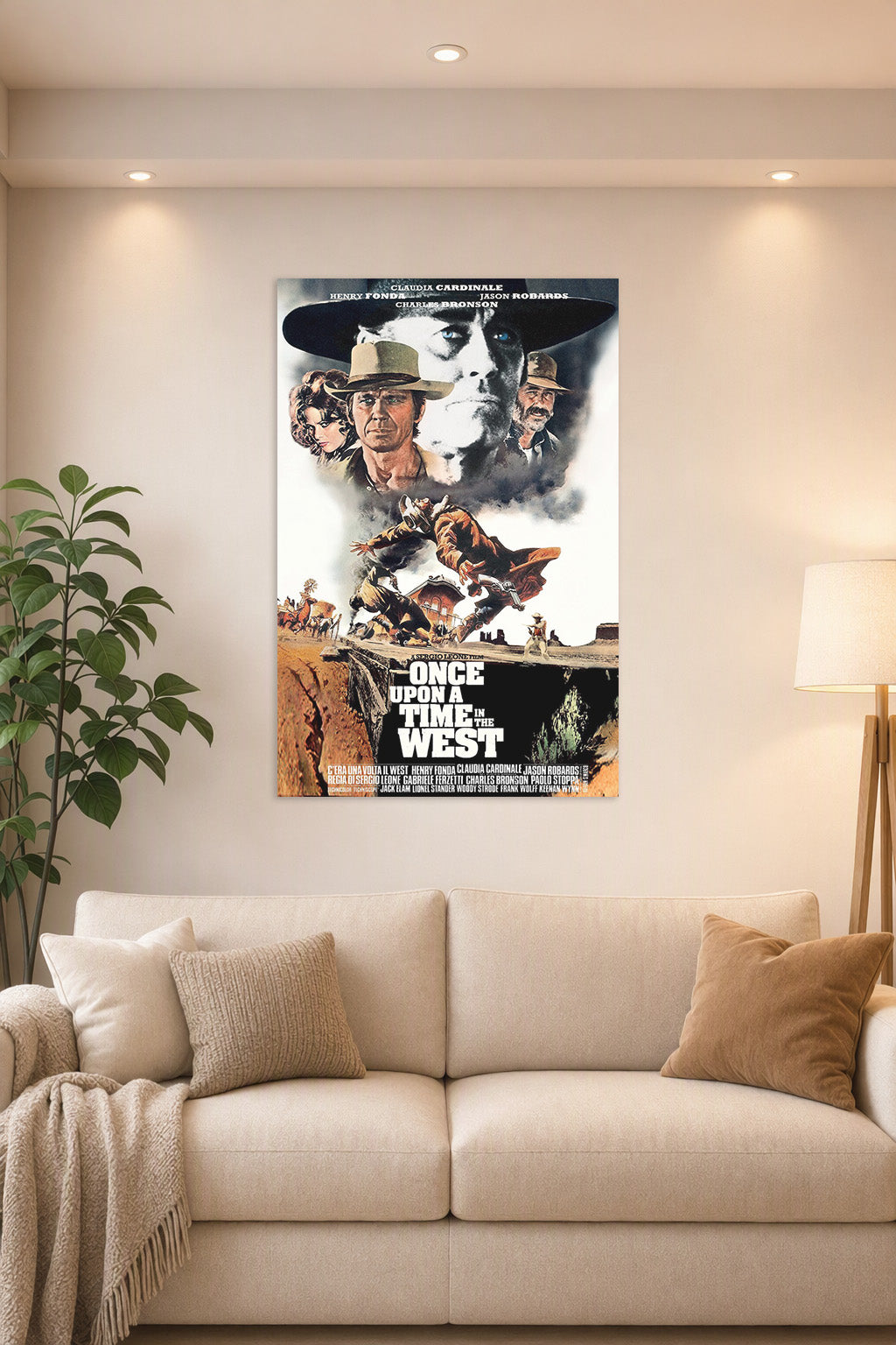 Once Upon a Time in the West Movie Poster in a bright living room above a beige sofa.