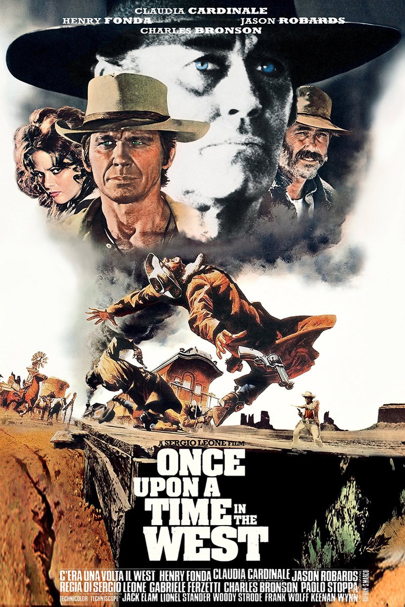 Once Upon a Time in the West poster with cowboy portraits, a gunman leaping over a train, and bold white title text.