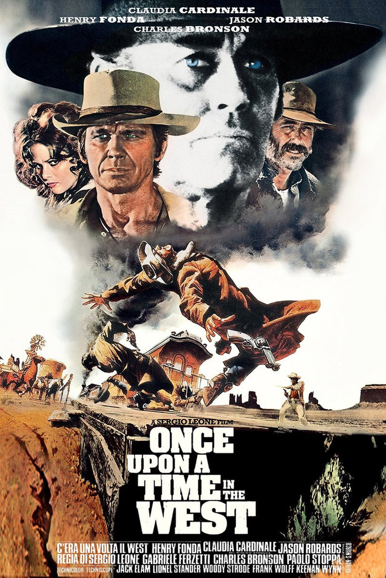 Once Upon a Time in the West poster with cowboy portraits, a gunman leaping over a train, and bold white title text.