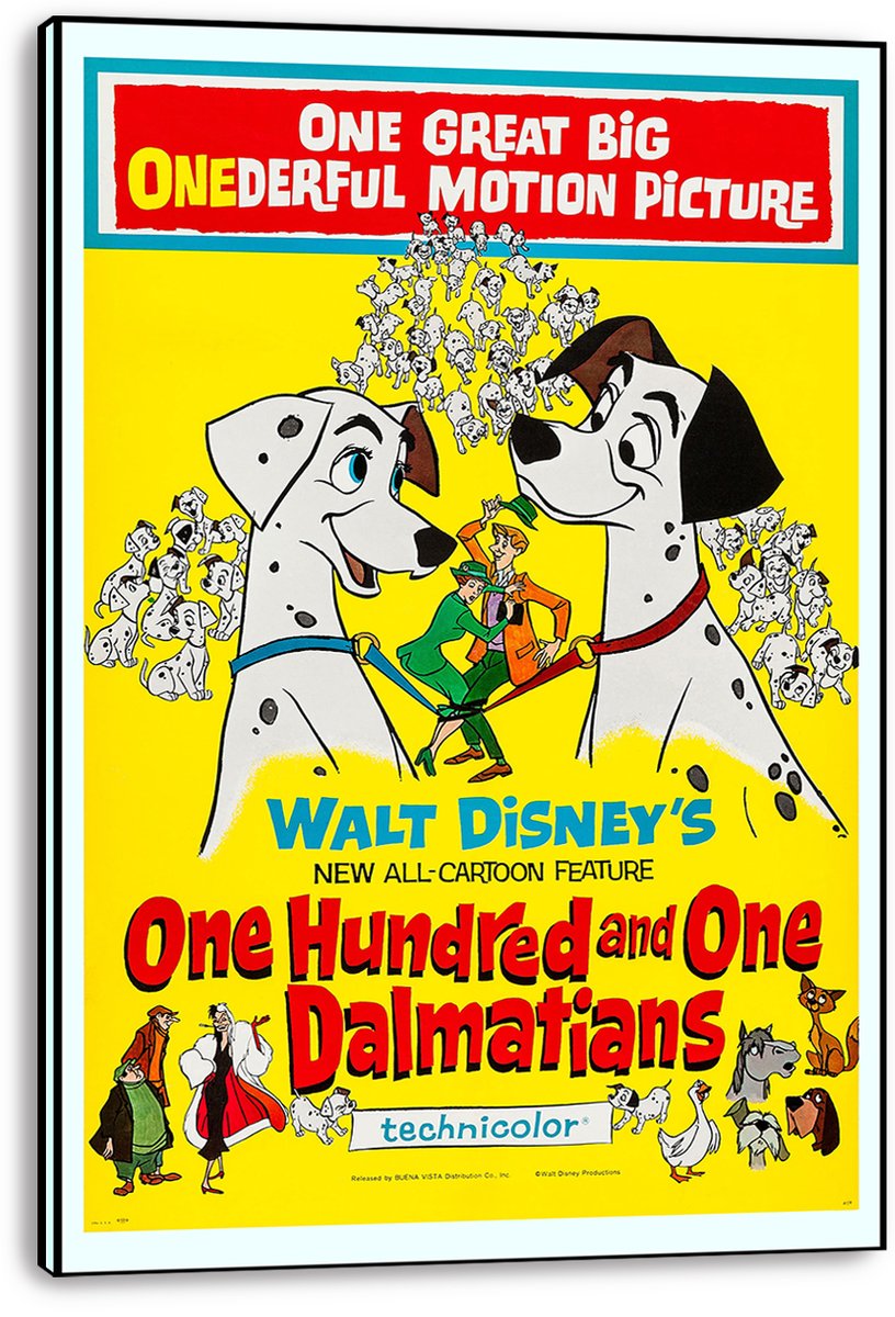 One Hundred and One Dalmatians wall art print on a thick white canvas, with two Dalmatians, puppies, and yellow poster design.