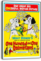 One Hundred and One Dalmatians wall art print on a thick white canvas, with two Dalmatians, puppies, and yellow poster design.