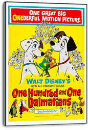 One Hundred and One Dalmatians wall art print on a thick white canvas, with two Dalmatians, puppies, and yellow poster design.