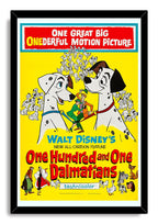 One Hundred and One Dalmatians framed wall art print with a black frame, Pongo, Perdita, puppies, and vivid yellow background.