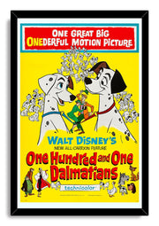 One Hundred and One Dalmatians framed wall art print with a black frame, Pongo, Perdita, puppies, and vivid yellow background.