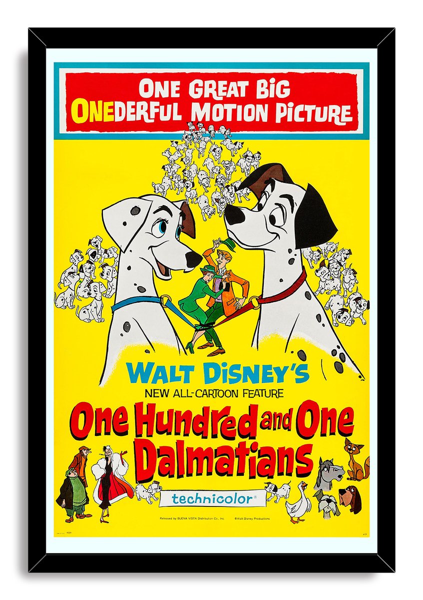 One Hundred and One Dalmatians framed wall art print with a black frame, Pongo, Perdita, puppies, and vivid yellow background.