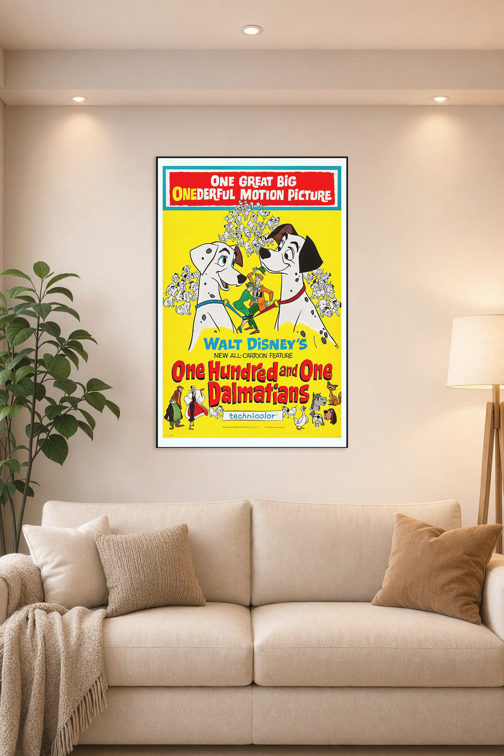 One Hundred and One Dalmatians in a bright living room above a beige sofa.