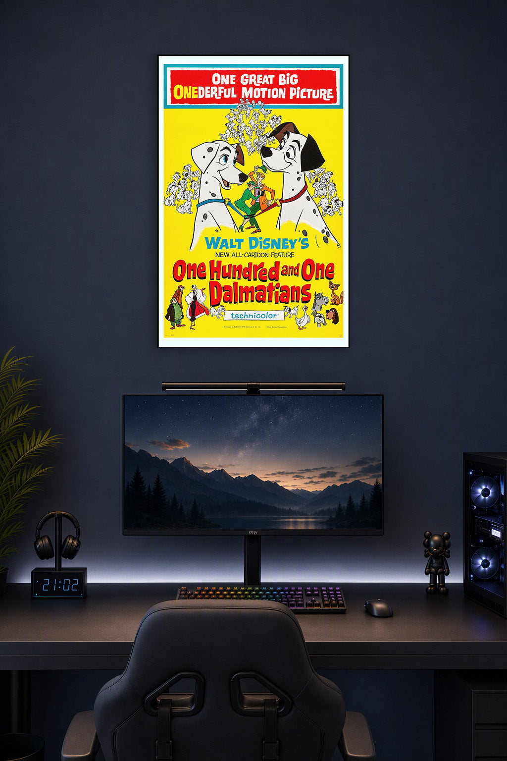 One Hundred and One Dalmatians in a gaming desk setup above a monitor.