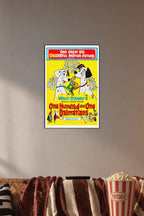 One Hundred and One Dalmatians in a cozy movie room above a brown sofa with popcorn.
