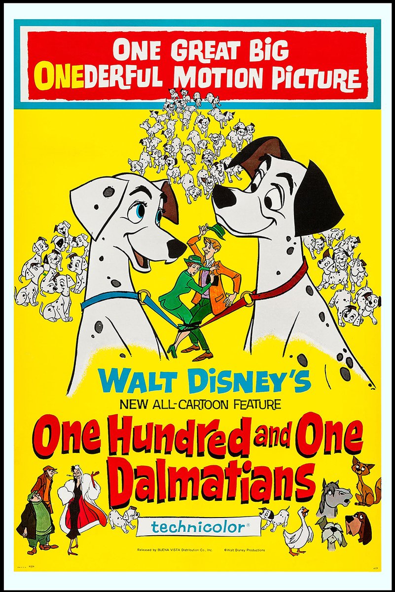 One Hundred and One Dalmatians poster with Pongo and Perdita, spotted puppies, and bold red lettering on yellow.