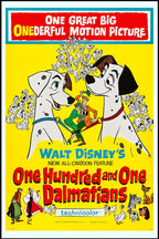 One Hundred and One Dalmatians poster with Pongo and Perdita, spotted puppies, and bold red lettering on yellow.