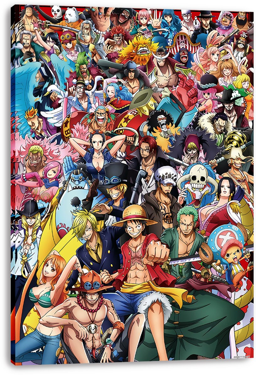 One Piece canvas wall art print displaying a vivid ensemble of anime characters, with Luffy punching forward at the center.