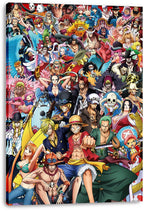 One Piece canvas wall art print displaying a vivid ensemble of anime characters, with Luffy punching forward at the center.