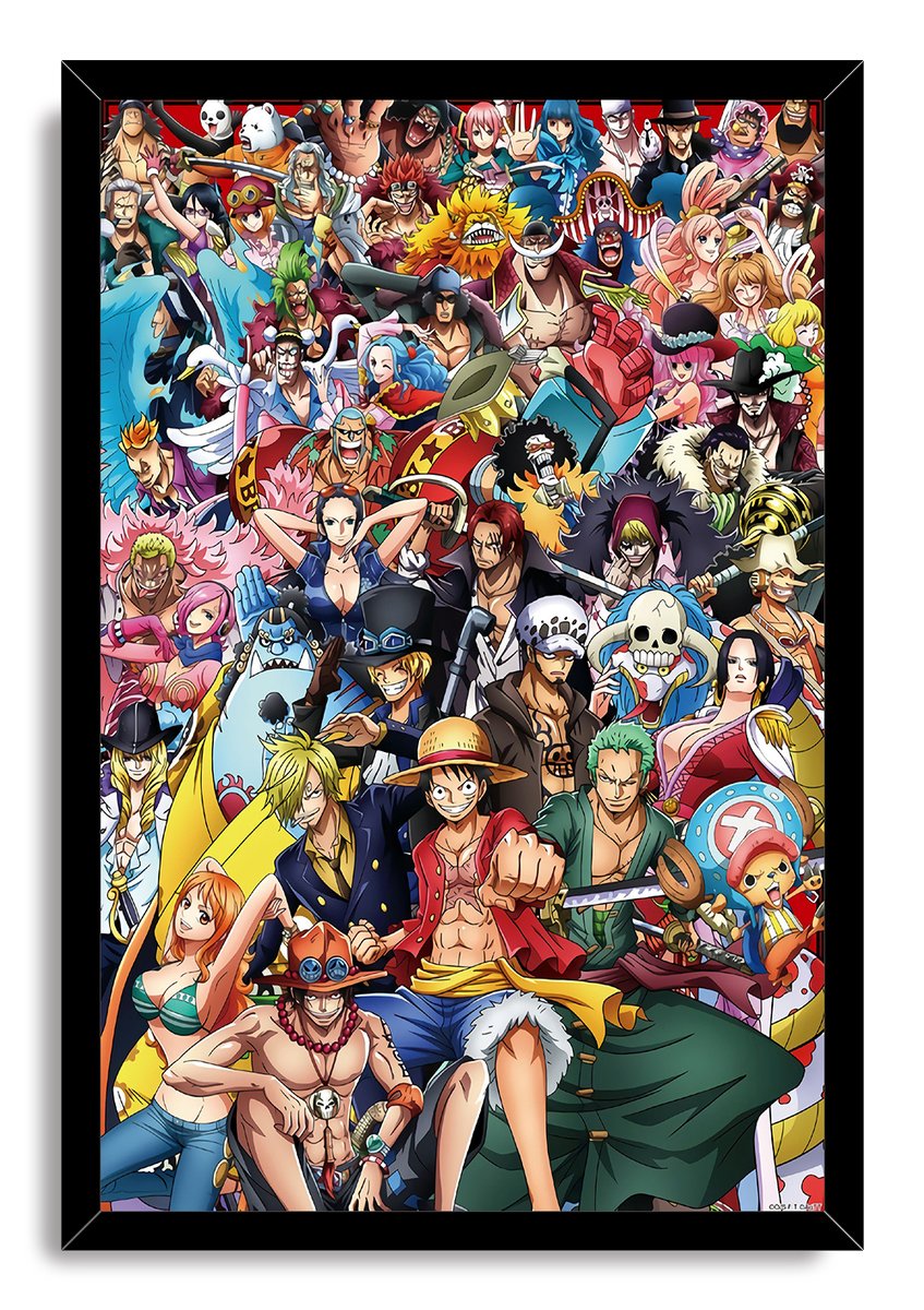 One Piece framed wall art print featuring Luffy, Zoro, Nami, Sanji, Chopper, and numerous pirates in a colorful collage.