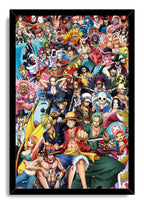 One Piece framed wall art print featuring Luffy, Zoro, Nami, Sanji, Chopper, and numerous pirates in a colorful collage.