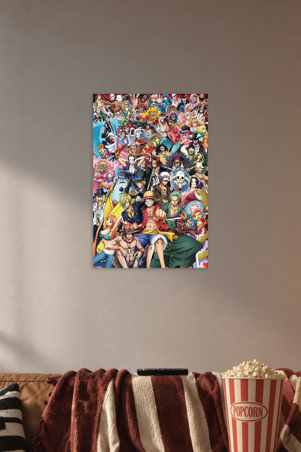 One Piece All Characters in a cozy movie room above a brown sofa with popcorn.