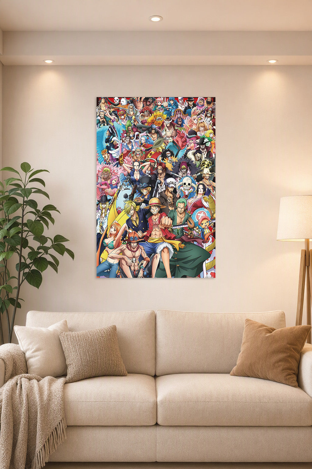 One Piece All Characters in a bright living room above a beige sofa.
