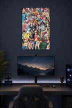 One Piece All Characters in a gaming desk setup above a monitor.