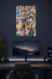 One Piece All Characters in a gaming desk setup above a monitor.
