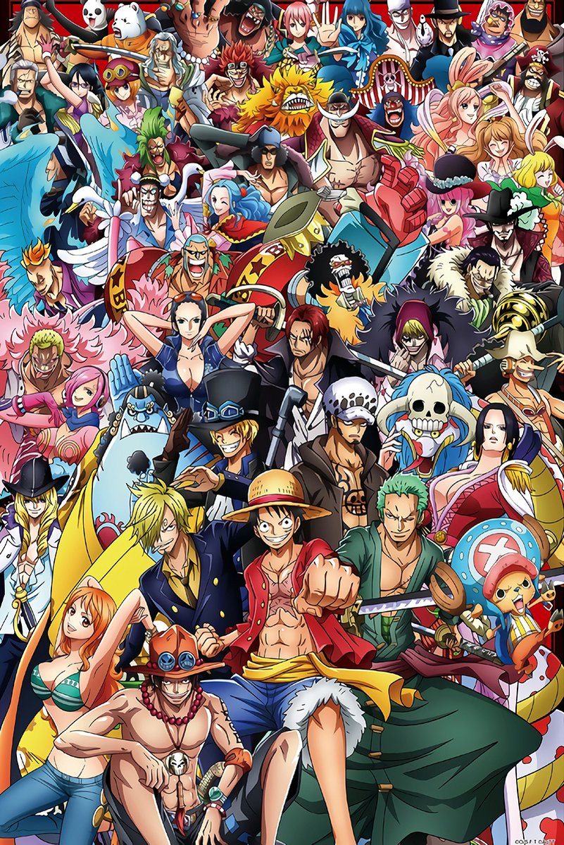One Piece wall art print with a dense, colorful collage of anime pirates, led by Luffy, Zoro, and the Straw Hat crew.