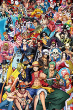 One Piece wall art print with a dense, colorful collage of anime pirates, led by Luffy, Zoro, and the Straw Hat crew.