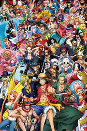 One Piece wall art print with a dense, colorful collage of anime pirates, led by Luffy, Zoro, and the Straw Hat crew.