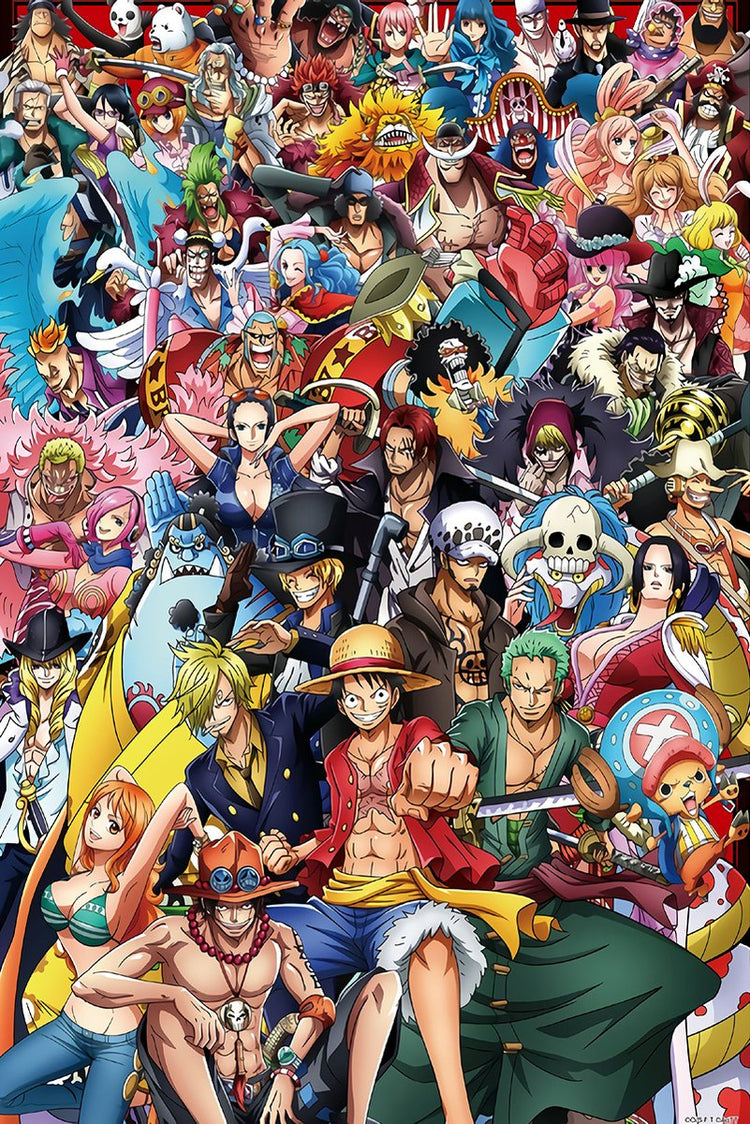 One Piece wall art print with a dense, colorful collage of anime pirates, led by Luffy, Zoro, and the Straw Hat crew.