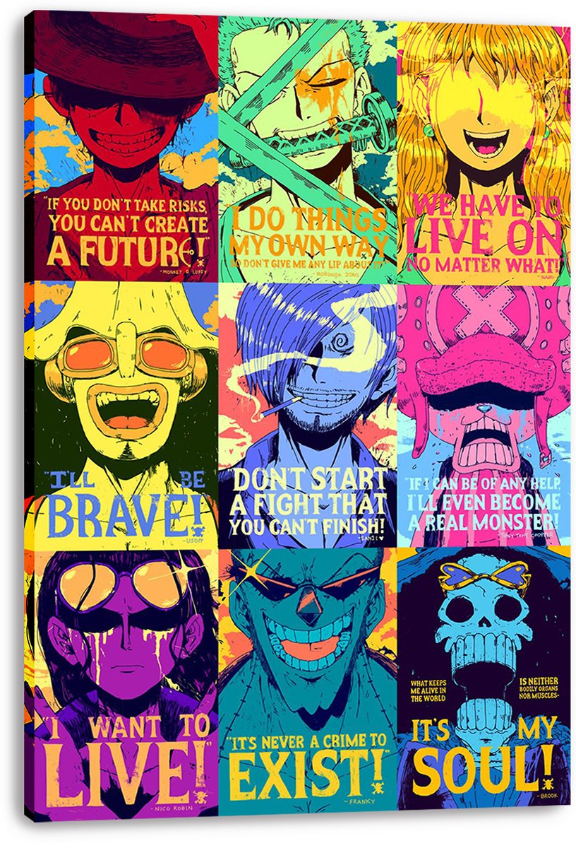 One Piece Straw Hat Pirates canvas wall art with a colorful nine-panel pop-art grid of characters and quotes.