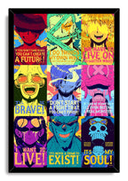 One Piece Straw Hat Pirates framed wall art print featuring nine neon pop-art character portraits with inspirational text.