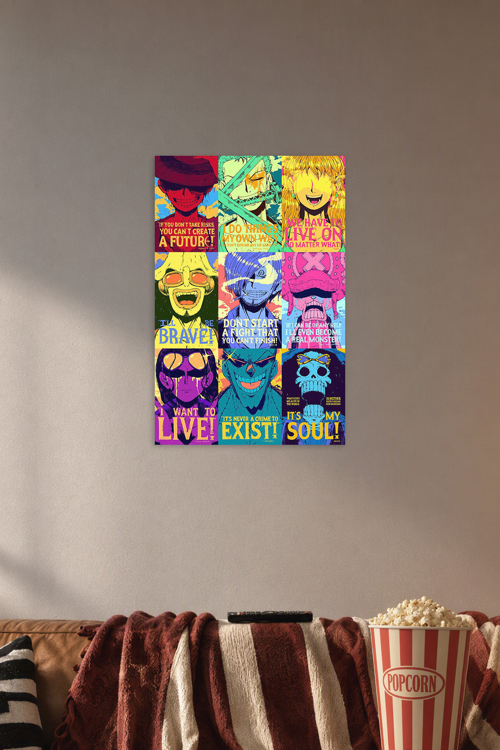 One Piece Straw Hat Pirates in a cozy movie room above a brown sofa with popcorn.